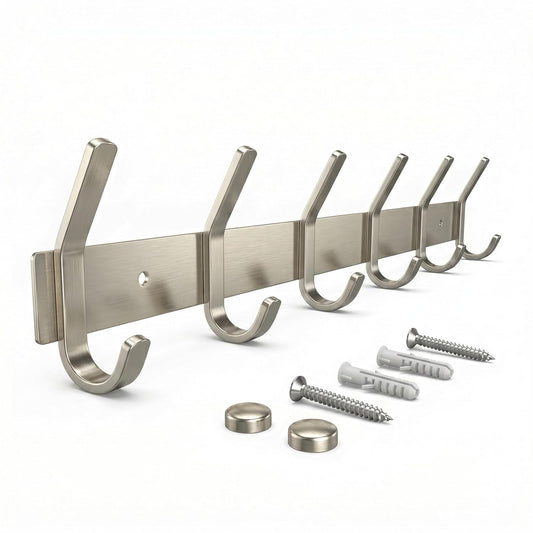 Coat Rack Wall Mount – Brushed Nickel 17 Inch Stainless Steel Hook Rail with 6 Heavy Duty Double Coat Hooks – Wall Mounted Coat Hanger for Entryway, Bathroom, Bedroom, Towel, Hat Organizer