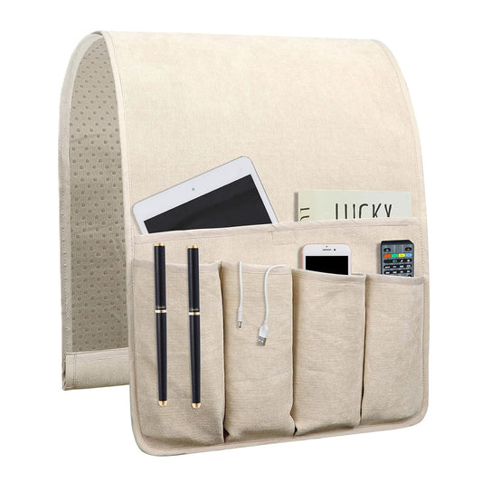 Remote Control Holders for Armchairs, Couch Caddy, Featuring Non-Slip Bases | 5 Pockets Bedside Storage Pocket for TV Remote Holder, Phone Tablet Kindle, Magazines, Gifts for Seniors (Beige, 35"X12.4")