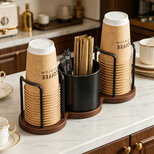 Coffee Bar Organizer with Straw & Stirrer Storage... (Black | Wood)