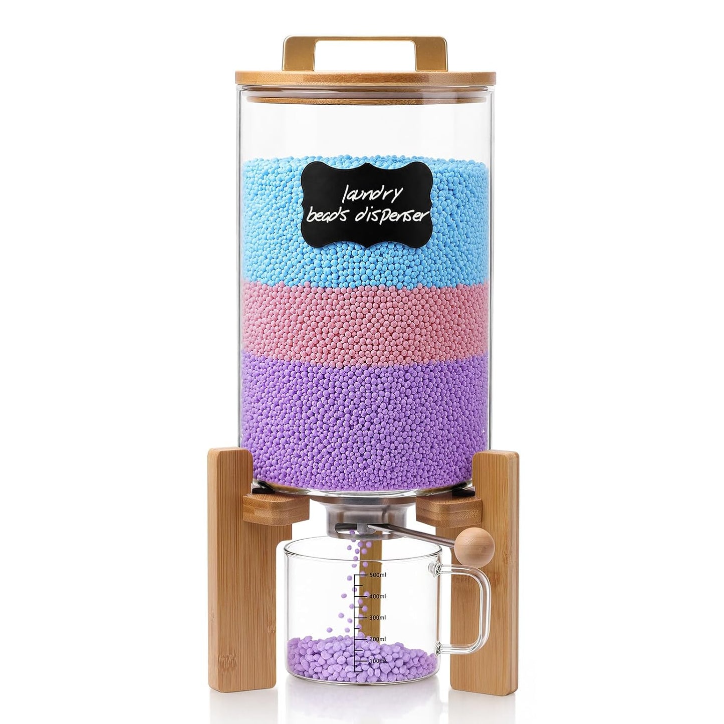 Laundry Detergent Dispenser,Glass Laundry Powder Dispenser with Bamboo Base，Suitable for Scent Beads and Powdered Laundry Detergents in the Laundry Room，Capacity: 4L/8lb/128oz