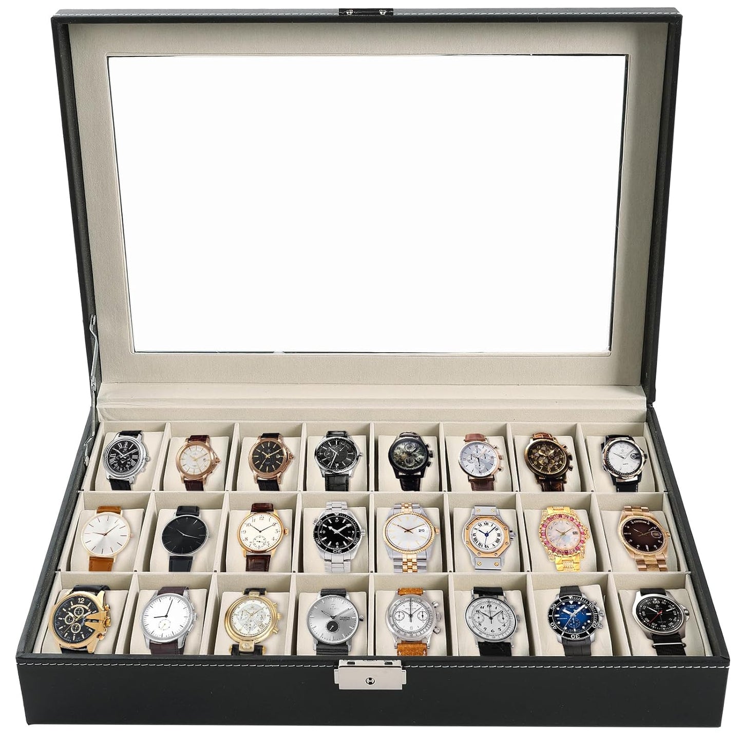 Watch Box 24 Slot Elegant Portable Black Watch Collection Box Case jewelry Men & Women