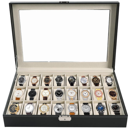 Watch Box 24 Slot Elegant Portable Black Watch Collection Box Case jewelry Men & Women