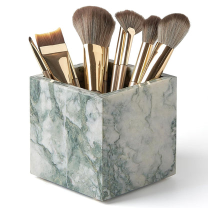Real Luxurious Natural Marble Toothbrush Holder & Makeup Brush Organizer | Pen Holder for Desk,3.93inch Square Marble Utensil Holder Non-Ceramic/Non-Resin （Cyan Green）
