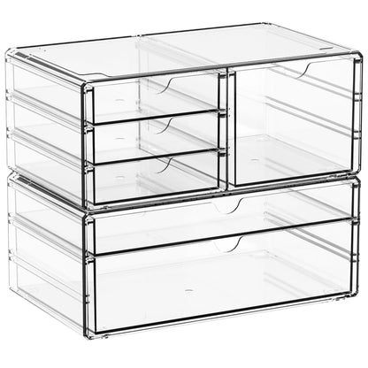 2 Pack Acrylic Drawer Organizer With 6 Drawers,Stackable 11.1” Large Clear Storage Drawers and Makeup Organizer For Vanity,Bathroom Countertop,Cabinet,Pantry,Office Supply Storage Bins Drawers