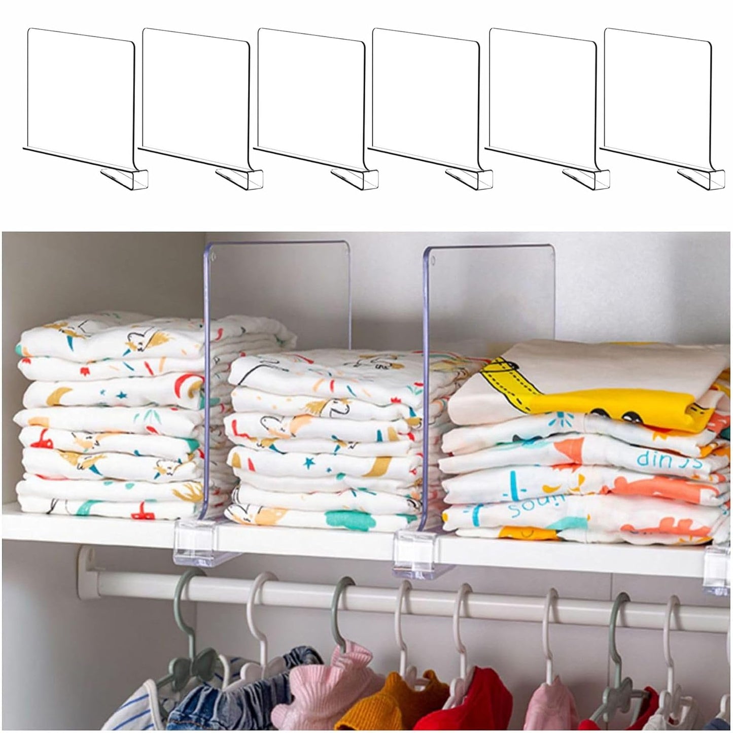 6 Pack Clear Acrylic Shelf Divider for Closet Organization - 9.2″ Tall Closet Dividers for Wood Shelves,Cupboard,Vertical Shelf Separators in Closet for T-Shirt,Purse,Handbag,Sweater Organizer