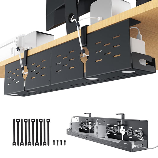 Univivi Under Desk Cable Management Tray, Cable Management, 32 inch, Black | Durable Steel Material, Under Desk Cable Tray with No-Drill C-Clamp and Screw Mount, Wire Management for Office/Home