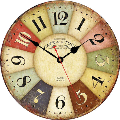 VIKMARI Rustic Wooden Silent Wall Clock Decor 14 in Colorful Arab Numerals | Battery Operated Retro French Country Style Wall Clocks for Kitchen,Living Room,Bathroom,Bedroom