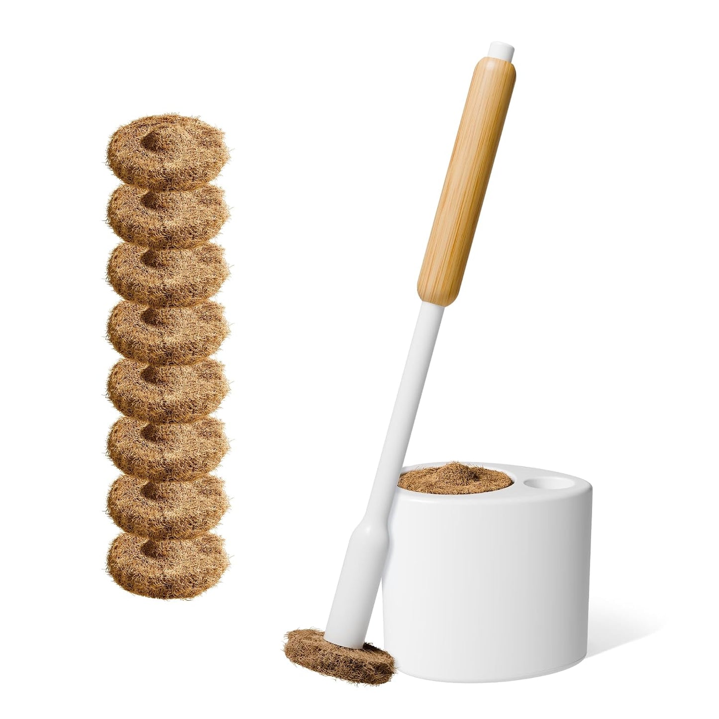 TUSHY Toilet Brush 2.0 Set with Holder, 8 Coconut Husk Scrubbing Pads | Cleanser-Infused and Disposable, Planet Friendly Refills in Lemon and Tea Tree Scents