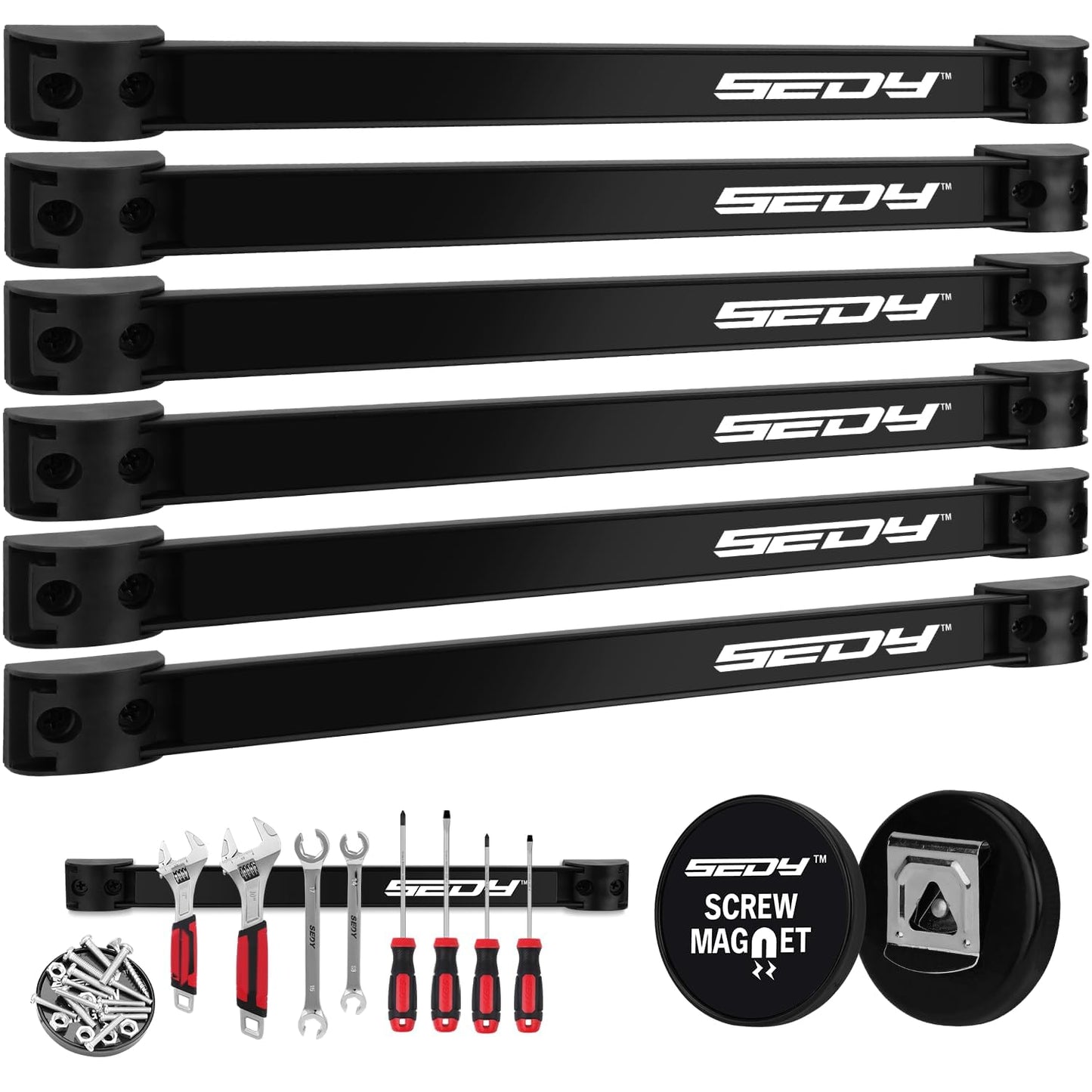 SEDY Magnetic Tool Holder Storage Organizer: 7-Piece Garage Wall Mount Rack Organization Strip Power Magnet Organizers Mounted Workbench Board Slatwall Van Hanger