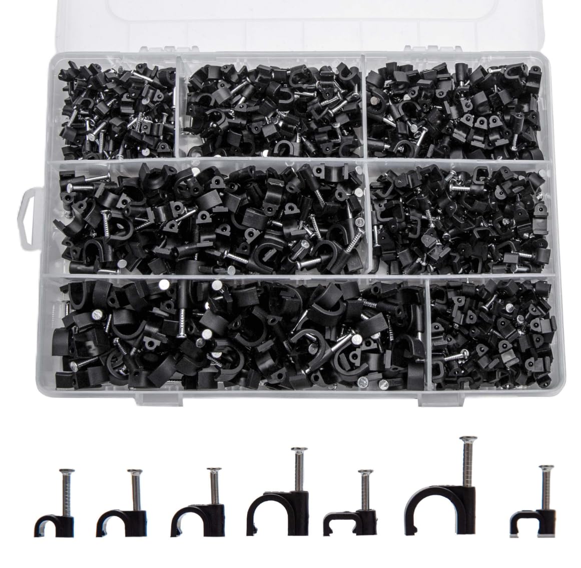 700 Pcs Cable Clips with Steel Nails, Nail in Cable Clips, Black 4/5/6/8/10mm Cable Wire Clips, Cable Wall Clips, Wire Staples Cord Clips with Nails for Speaker Ethernet Cords Wires