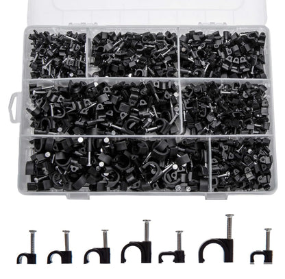700 Pcs Cable Clips with Steel Nails, Nail in Cable Clips, Black 4/5/6/8/10mm Cable Wire Clips, Cable Wall Clips, Wire Staples Cord Clips with Nails for Speaker Ethernet Cords Wires