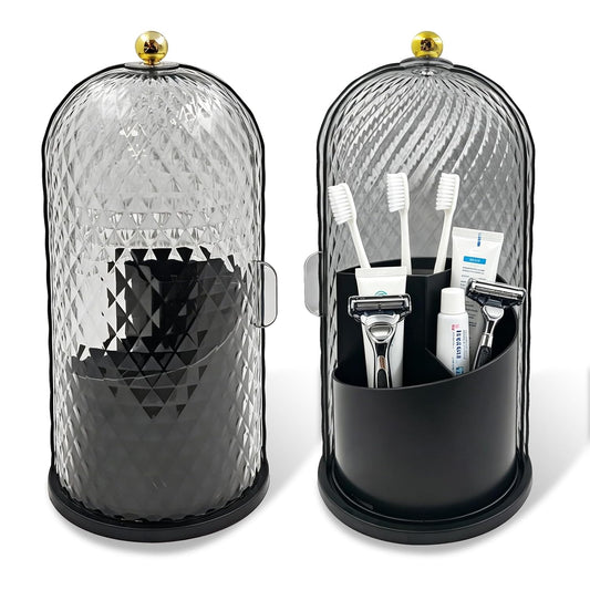 360° Rotating Toothbrush Holder with Cover, Dustproof Bathroom Countertop Organizer for Toothbrushes, Toothpaste, Floss Picks and Dental Accessories