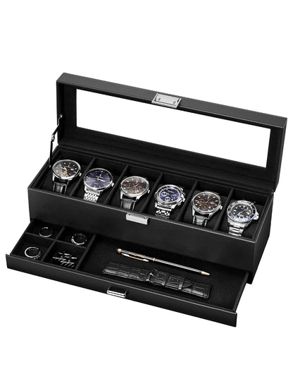 Lolalet 6-Slot Watch Case for Men, Mens Jewelry Box with Glass Lid -Black | Watch & Jewelry Box with Drawer, Easy-Clean PU Leather, Soft Removable Pillow, Home Organizer&Display, Dust-Proof, Men's Gift