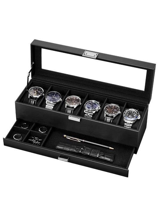 6-Slot Watch Case for Men, Mens Jewelry Box with G... (All Black | Faux Leather)