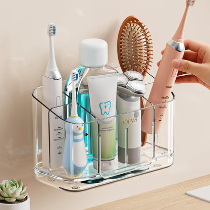 MOPMS Toothbrush Holders for Bathrooms with 5 Slots Adjustable Dividers | Electric Tooth Brush and Toothpaste Holder with Drain Tray for Easy Clean, Wall Mounted & Countertop Organizer for Shower