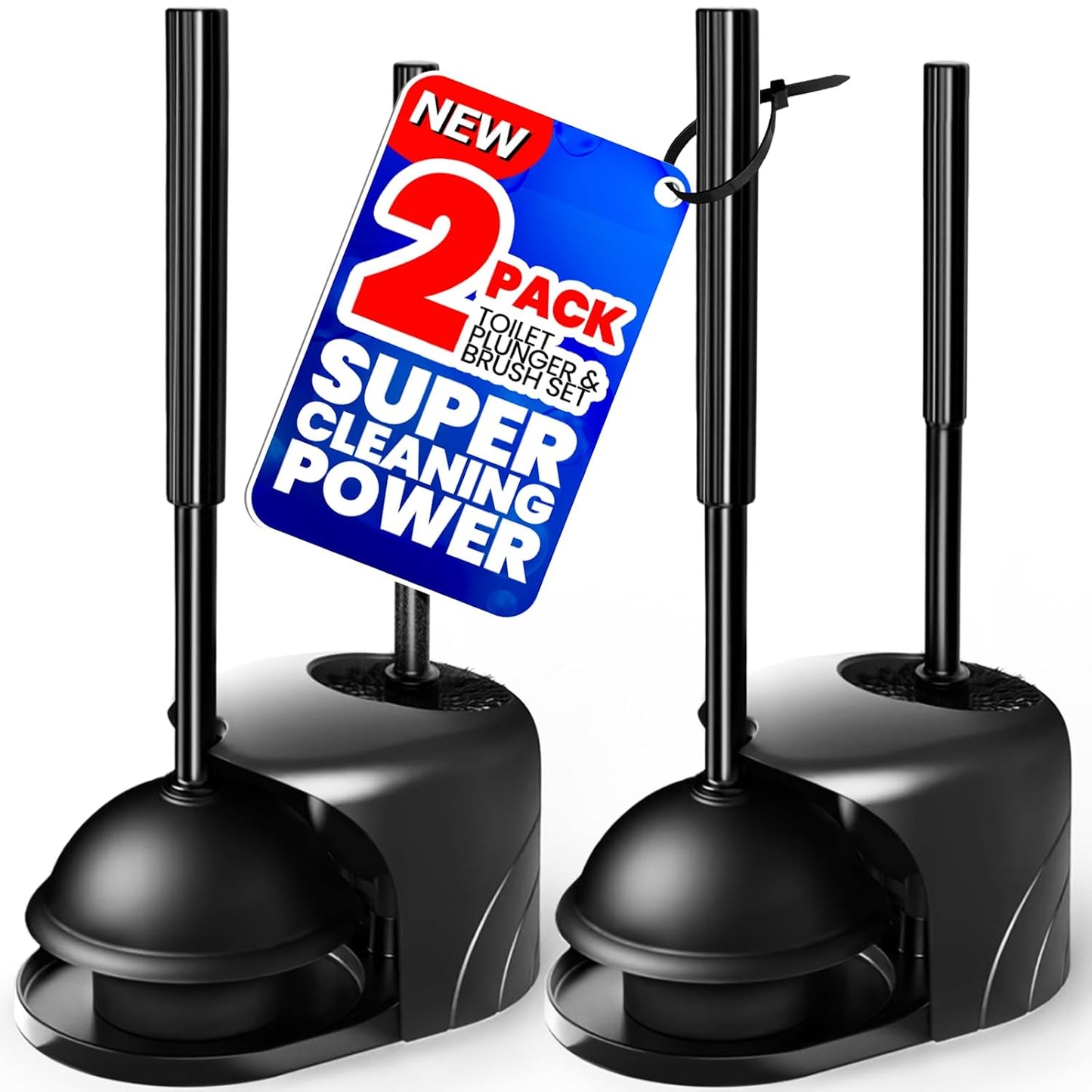 2Pack 2 in 1 Toilet Brush and Plunger Set, Extende... (Bright Black)