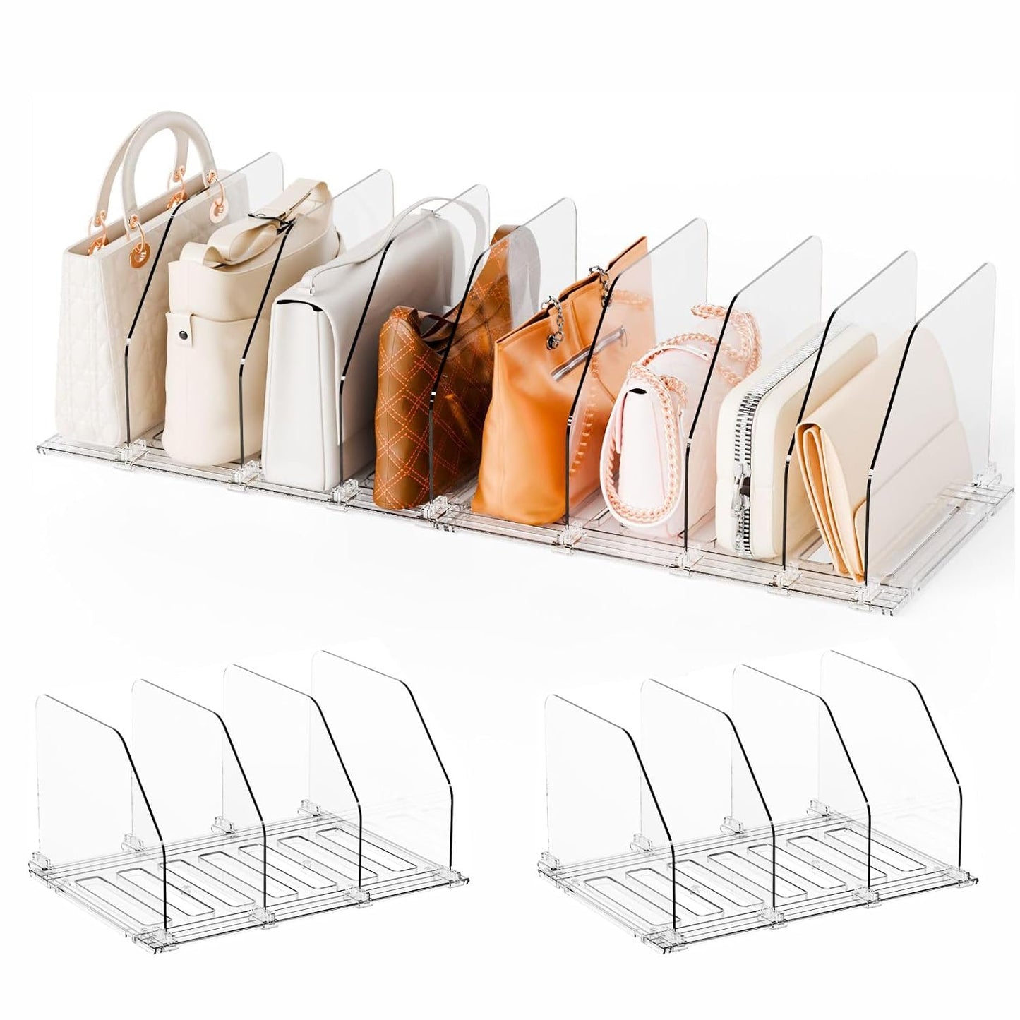 2 Pack Acrylic Purse Organizer for Closet,Adjustable Purse Dividers and Handbags Storage Organizer,Clear Shelf Dividers for Closet Organization,Bookshelf,Pocketbook,Wallet,Bag,Clutch Organizer