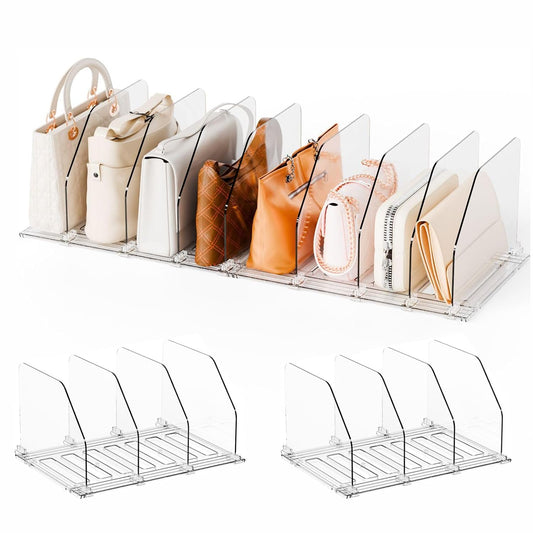2 Pack Acrylic Purse Organizer for Closet,Adjustable Purse Dividers and Handbags Storage Organizer,Clear Shelf Dividers for Closet Organization,Bookshelf,Pocketbook,Wallet,Bag,Clutch Organizer