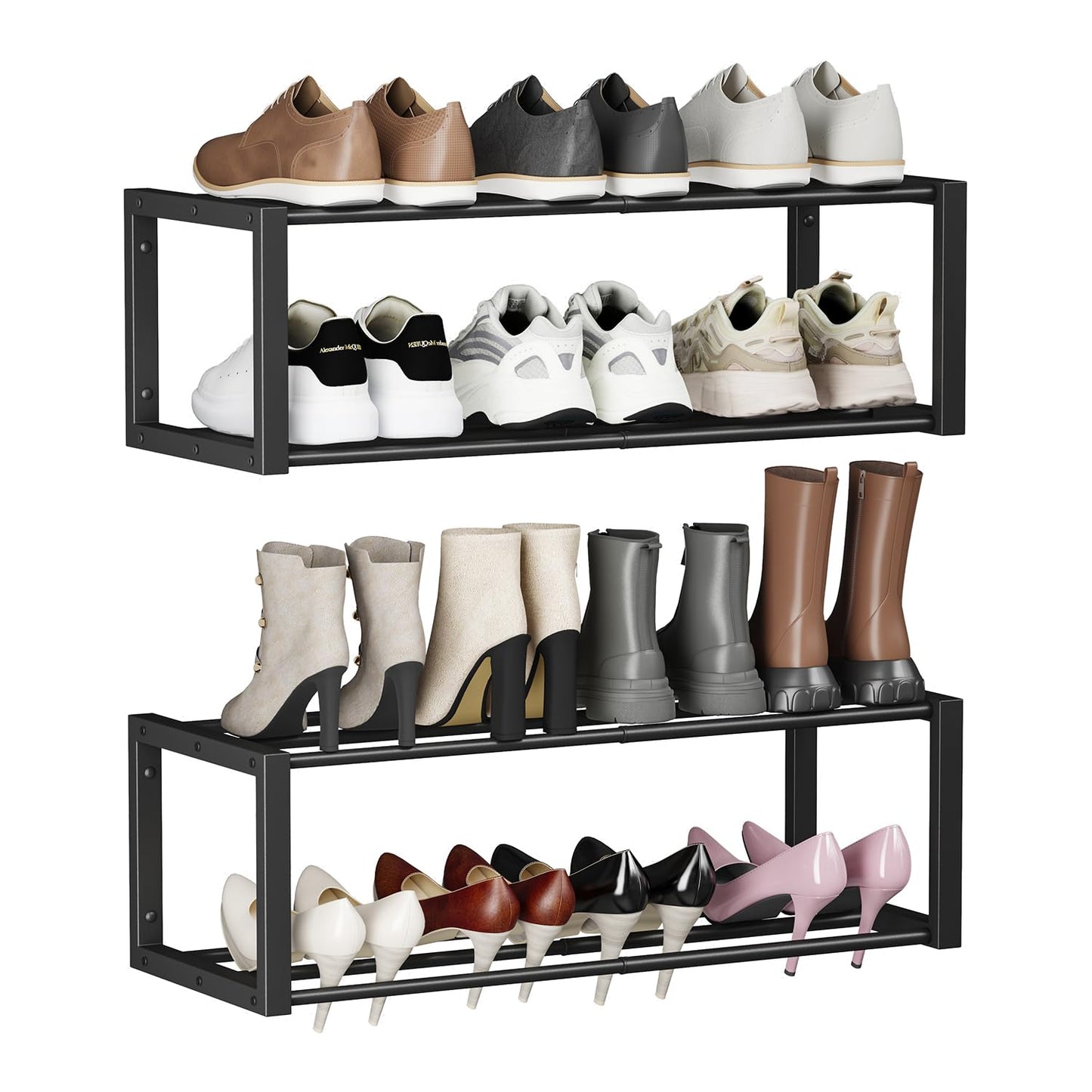 Homeiju Hanging Shoe Organizer,2 Pack Wall Mounted Shoe Rack Holds 12 Pairs,Space Saving Metal Wall Shoe Rack,Hanging Shoe Rack Shoe Holder for Small Space,Entryway,Closet,RV,Camper（Black