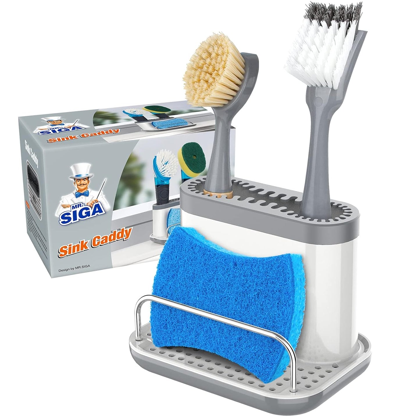 MR.SIGA Sink Caddy, Kitchen Sink Organizer Sponge Holder with Drip Tray | Kitchen sink caddy organizer, keeps sink tidy