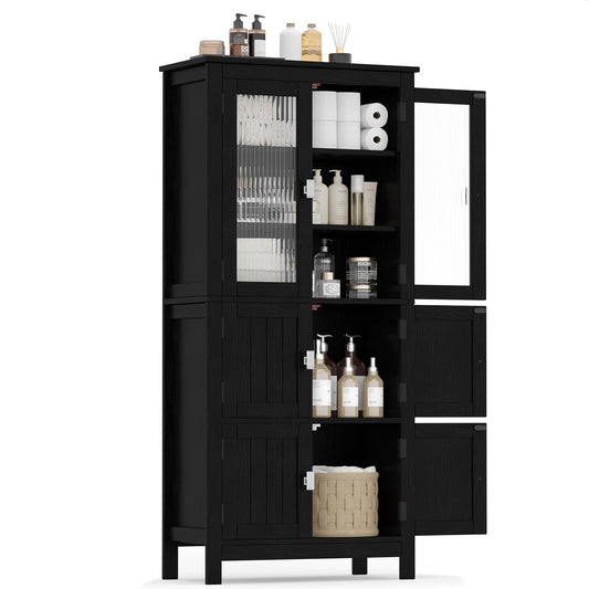 53.1" Tall Bathroom Cabinet 6 Doors Linen Floor Storage Cabinet | Bathroom Floor Cabinet with Adjustable Shelf, Pantry Cabinet for Living Room, Kitchen, Entryway, Black