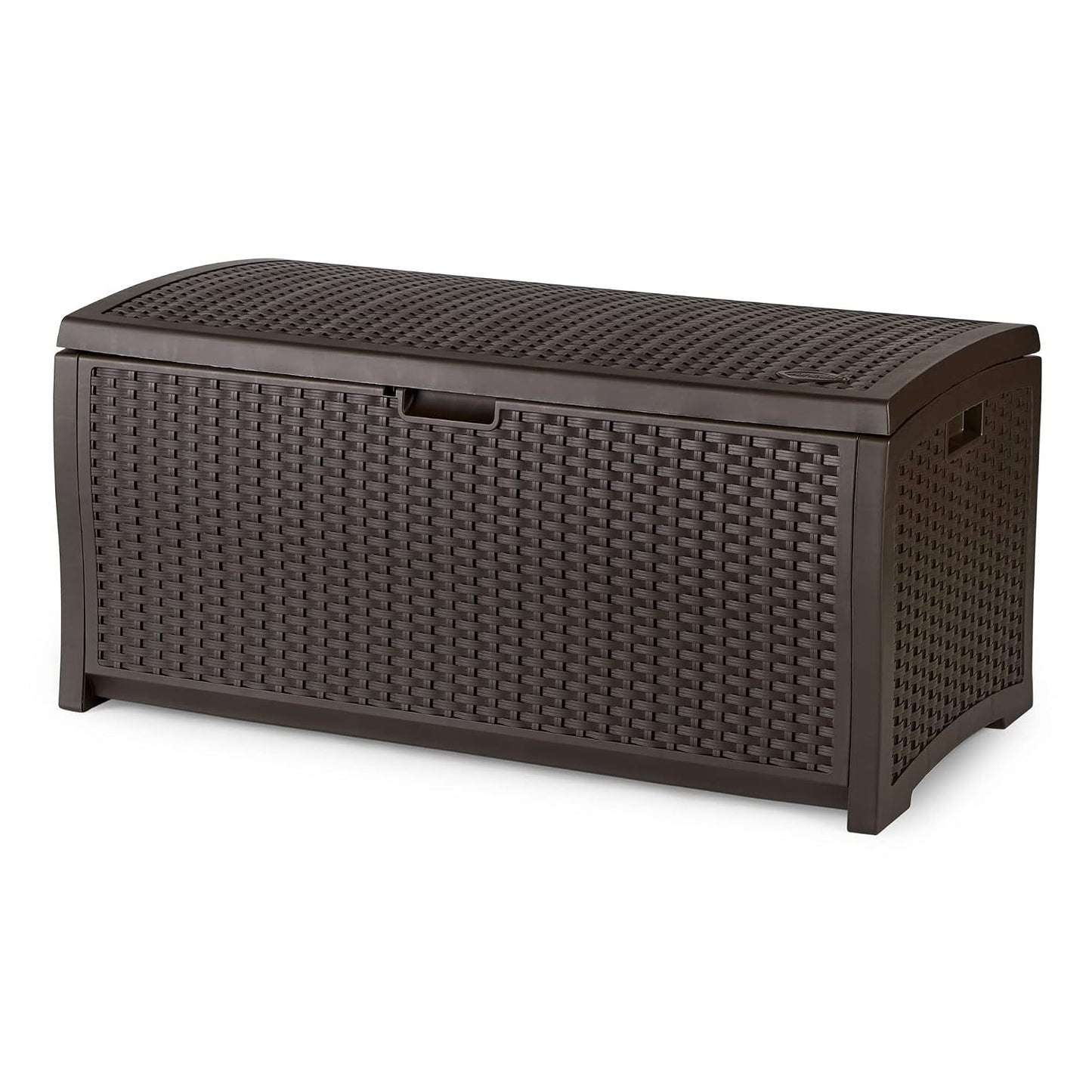 Suncast Outdoor Storage Box - 73 Gallon Mocha Brown Deck Box for Patio, weather-resistant Outdoor Storage Bench, Resin Wicker Style, Heavy-Duty, Lockable Lid for Cushions, Shoes, Pool & Garden Gear