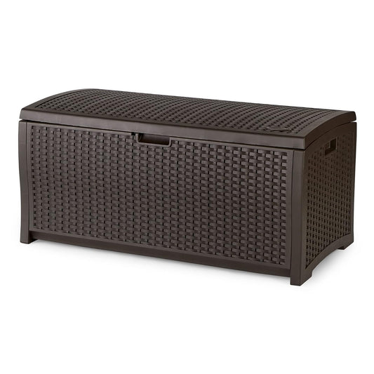 Suncast Outdoor Storage Box - 73 Gallon Mocha Brown Deck Box for Patio, weather-resistant Outdoor Storage Bench, Resin Wicker Style, Heavy-Duty, Lockable Lid for Cushions, Shoes, Pool & Garden Gear