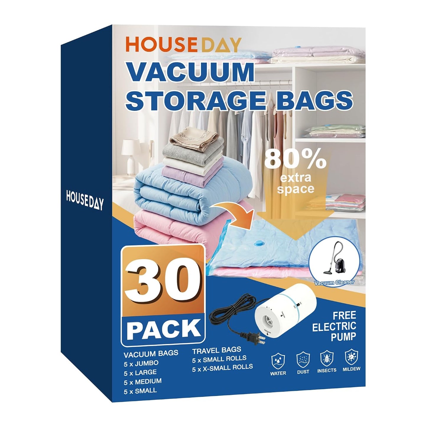 HOUSE DAY 30 Pack Vacuum Storage Bags with Electric Pump, 4 Sizes + 2 Roll-Up (5 Each), Space Saver Vacuum Seal Bags for Clothing, Bedding, Pillows, Travel – Airtight Seal, Reusable & Durable