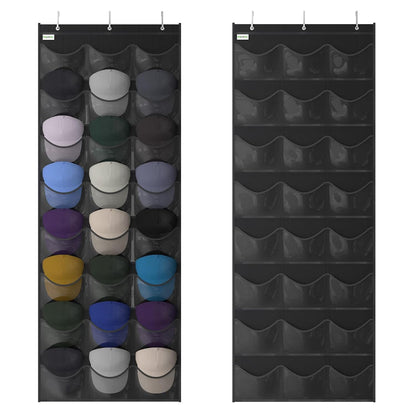 Baseball Hat Rack, 24 Pocket Over-The-Door Hat Organizer with Clear Deep Pockets to Display Baseball Caps Collection, Complete with 3 Over Door Hooks (Black, 24 Pockets)