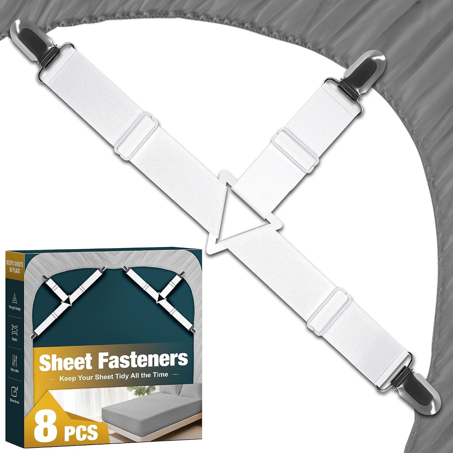 8 Pack Bed Sheet Fasteners, Adjustable Mattress Cover Straps with Metal Clips, Elastic Bed Corner Holders, Non Slip Sheet Clips, White Color