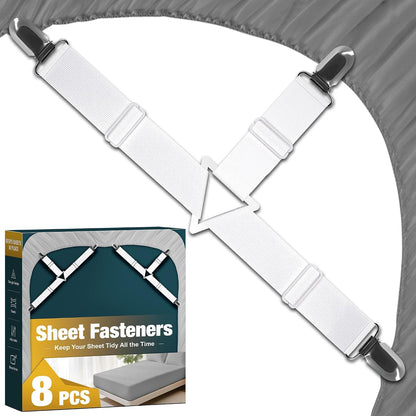 8 Pack Bed Sheet Fasteners, Adjustable Mattress Cover Straps with Metal Clips, Elastic Bed Corner Holders, Non Slip Sheet Clips, White Color