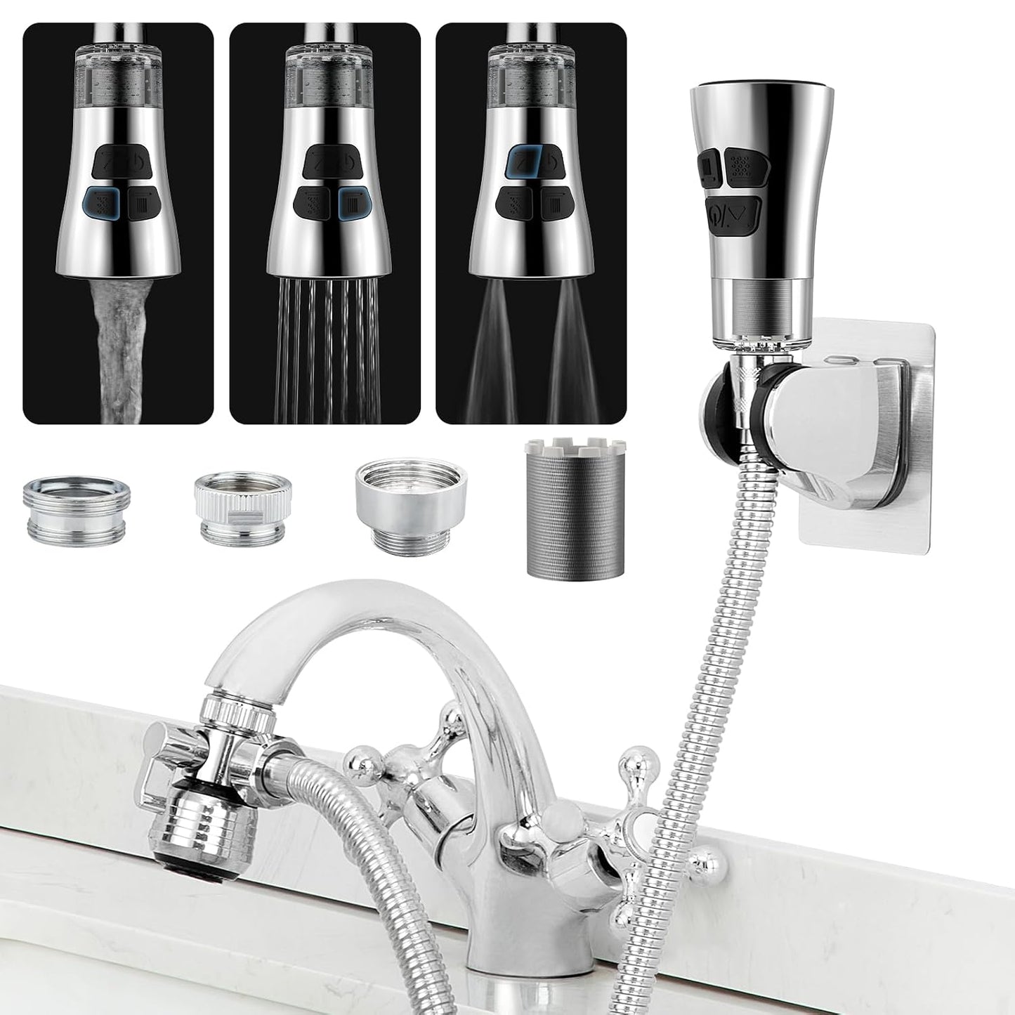 CECEFIN Kitchen Faucet Hose Attachment, 4-Mode ON/Off Spray Head w/Filter | 4.9Ft Stainless Steel Hose, Water Saving Aerator w/ 3-Way Diverter Valve, for Laundry/Bathroom Sink Hair Washing Pet Shower