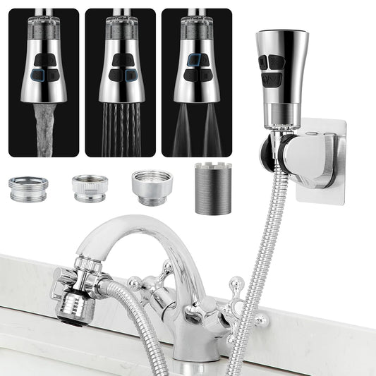 CECEFIN Kitchen Faucet Hose Attachment, 4-Mode ON/Off Spray Head w/Filter | 4.9Ft Stainless Steel Hose, Water Saving Aerator w/ 3-Way Diverter Valve, for Laundry/Bathroom Sink Hair Washing Pet Shower