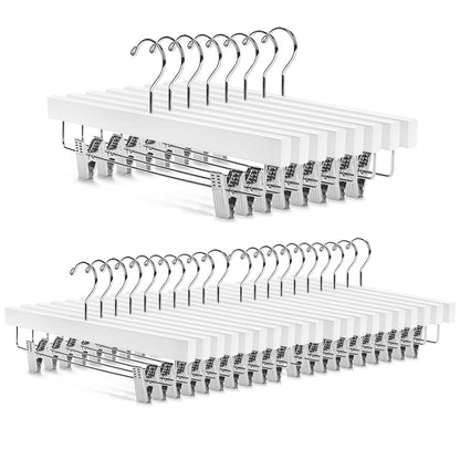 Nature Smile Deluxe Wooden Pants Hangers, White, Pack of 28 | Solid Wood Bottom, Jeans Hanger, Skirt Hanger, 2-Adjustable Clips