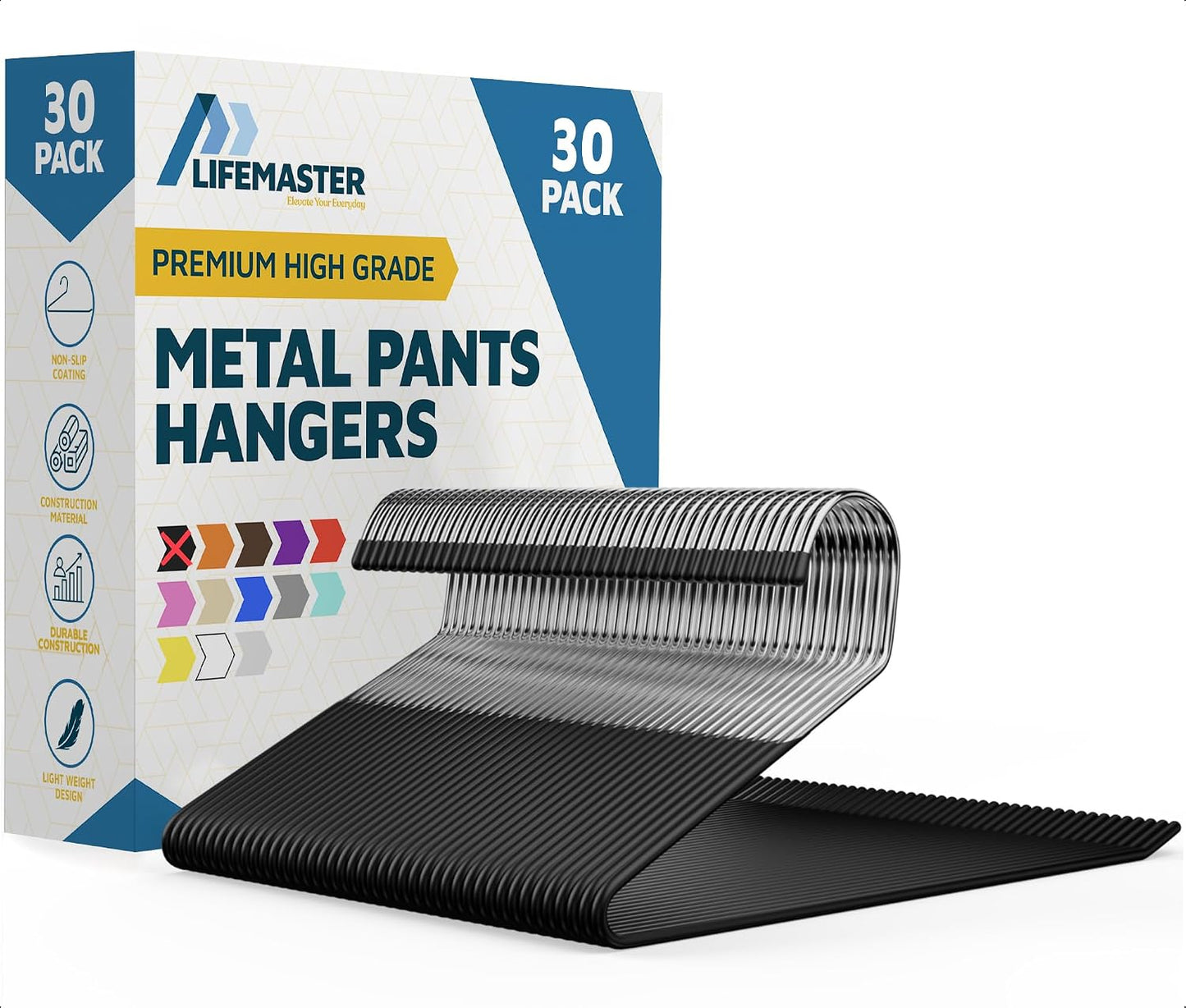 Lifemaster Metal Pants Hanger Set - 30 Pieces Elegant Non-Slip Closet Space Saving Hanger Set for Pants, Trouser, Blankets, and Jeans with Rubber Coating and Open Ended Sleek Design - Black