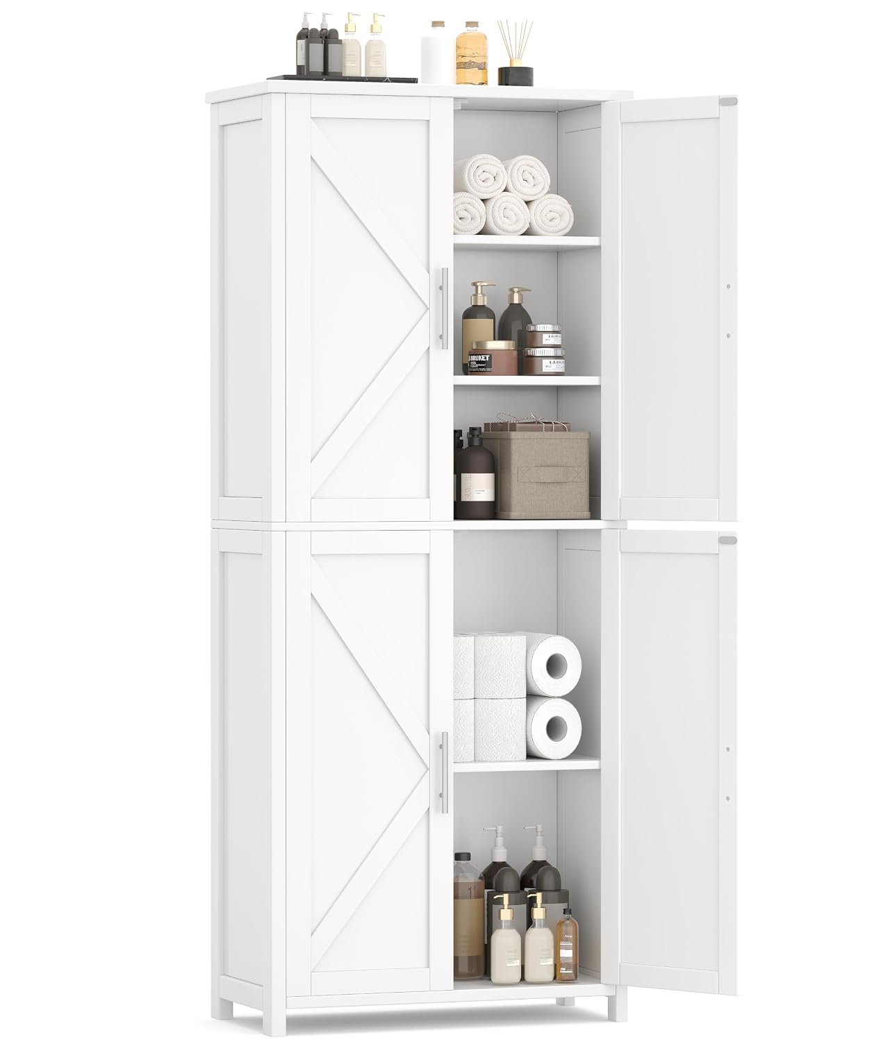 63''H Tall Bathroom Storage Cabinet Adjustable Shelf White | Floor Cabinet with Barn Doors, Adjustable Shelf, Linen Pantry Cabinet for Kitchen, Laundry Room, Living Room, Entryway