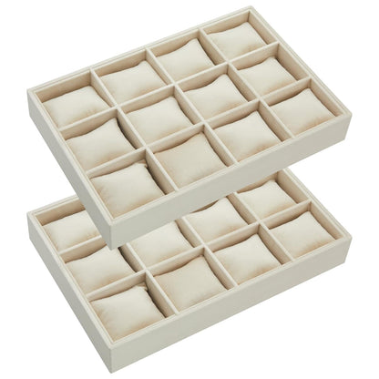 2 Pieces 12 Grid Velvet Watch Tray Jewelry Organizer Stackable Watch Bracelet Bangle Display Holder Adjustable Pillow(Beige)