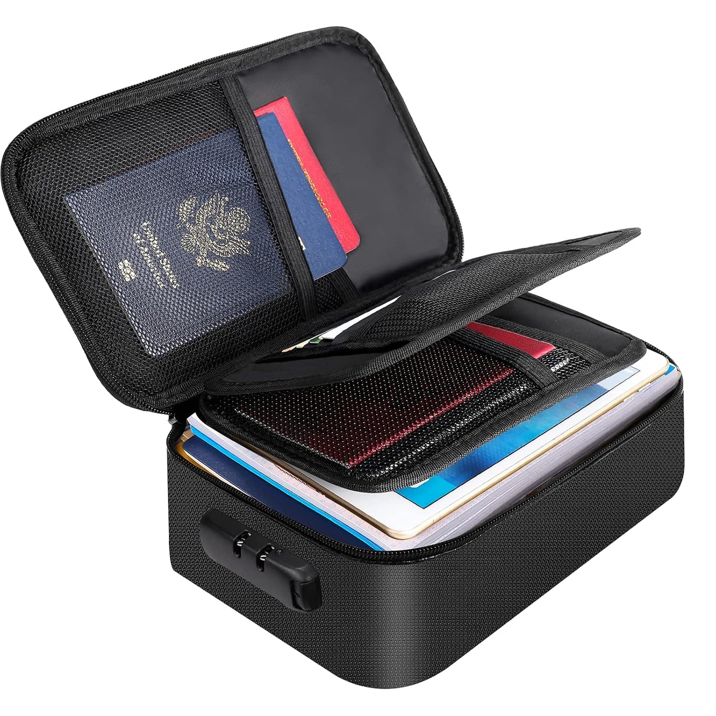 ENGPOW Small Fireproof Storage Organizer Case with Lock, 9”x 5.3”x 3.7” | Money Safe Wallet Carrying Bag with Multi-Pocket, Portable Home Travel for Cash,Card,Passport,Coin,Check,Bill,Soft Box,Black
