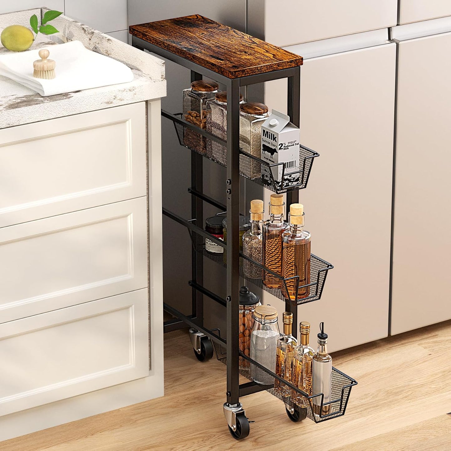 Honest Slim Storage Cart 4-Tier Slim Rolling Cart with Metal Frame and Wooden Top, 6.3 Inches, Storage Cart for Kitchen, Dining Room, Living Room, Bathroom, Home Office, Rustic Brown and Black