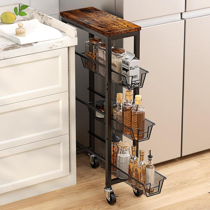 Honest Slim Storage Cart 4-Tier Slim Rolling Cart with Metal Frame and Wooden Top, 6.3 Inches, Storage Cart for Kitchen, Dining Room, Living Room, Bathroom, Home Office, Rustic Brown and Black