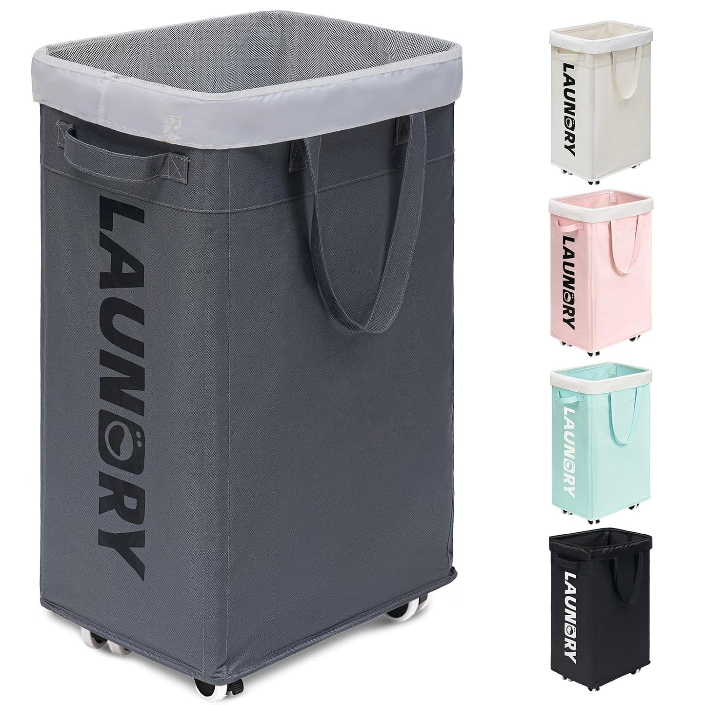 Goodpick 75L Laundry Basket with Wheels & Removable Wash Bag for Dorm | Rolling Laundry Basket with Handles for Dirty Clothes, Fodable Hamper for Laundry Room, Dorm Room Essentials, Grey