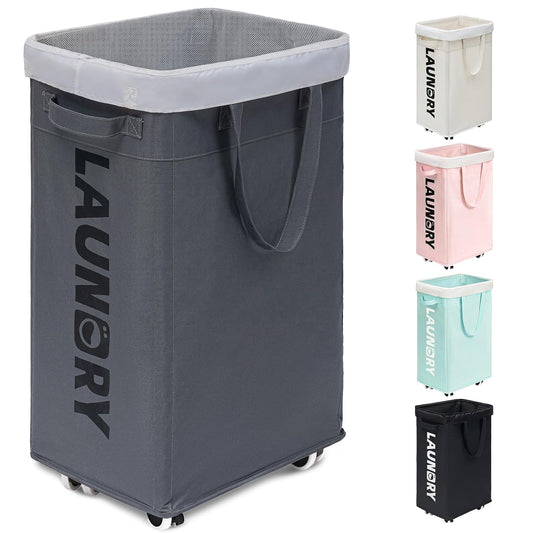 Goodpick 75L Laundry Basket with Wheels & Removable Wash Bag for Dorm | Rolling Laundry Basket with Handles for Dirty Clothes, Fodable Hamper for Laundry Room, Dorm Room Essentials, Grey