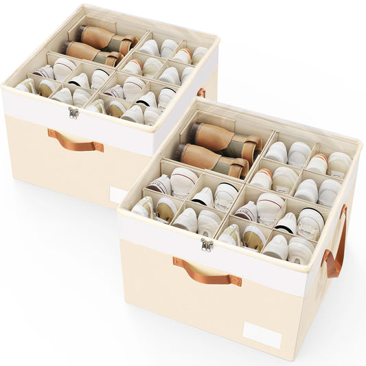 Shoe Organizer for Closet, 2 Pack Foldable Shoe Storage Organizer Box Bin with Adjustable Dividers and Clear Cover, Closet Shoe Storage for Sneakers Sandals Boots, Fit 16-32 Pairs, Beige