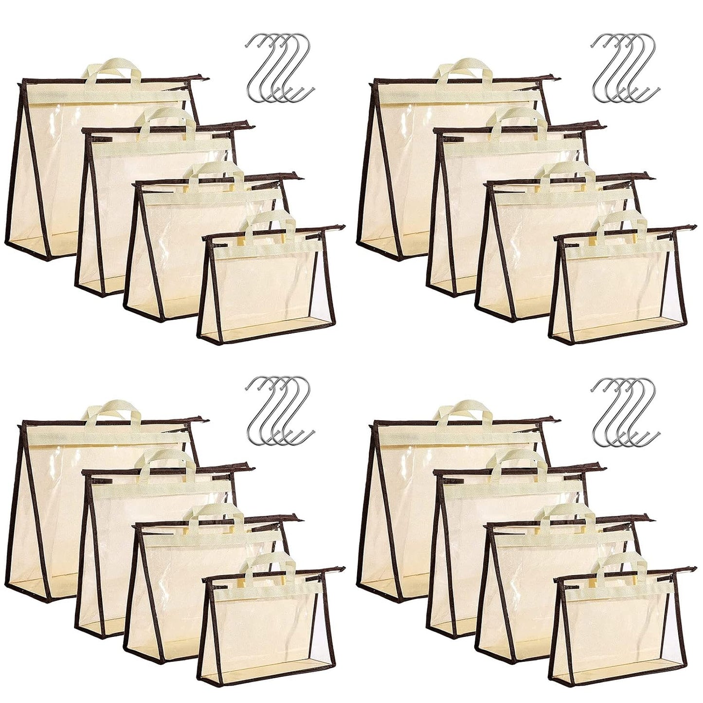 16 Pack Clear Handbag Storage Organizer with 16 Stainless Steel S-Hooks, 4 Assorted Sizes, Anti-Dust Moisture-Proof Purse Storage Bags with Zipper and Handle for Closet Hanging, Wallet Dust Cover Set