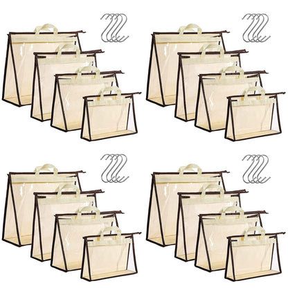 16 Pack Clear Handbag Storage Organizer with 16 Stainless Steel S-Hooks, 4 Assorted Sizes, Anti-Dust Moisture-Proof Purse Storage Bags with Zipper and Handle for Closet Hanging, Wallet Dust Cover Set
