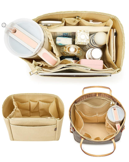 Tote Bag Organizer Insert with Stanley Cup Holder and Zipper Bag, Compatible with Neverfull, Saint Louis and More, 9 Pockets (Beige, Large)