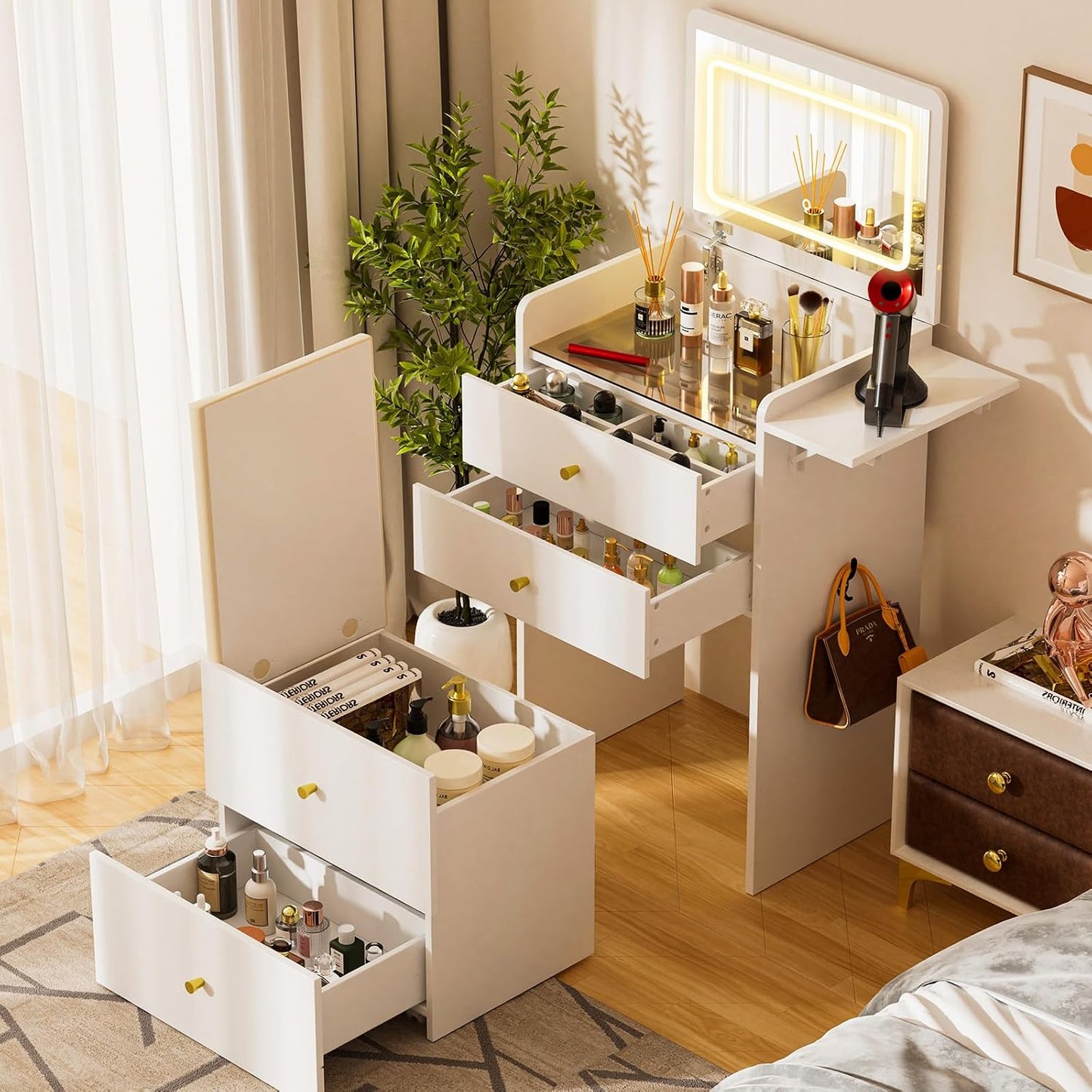 COMHOMA Makeup Vanity Desk with Mirror and Lights, Small 3 in 1 Vanity Table with Visible Glass Top, Flip Top & 3 Drawers, Compact Dressing with Storage Stool for Room or Office