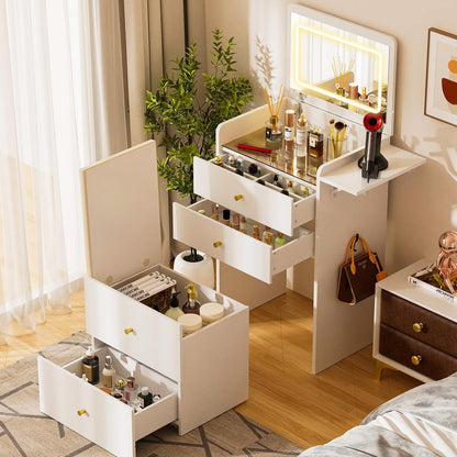 COMHOMA Makeup Vanity Desk with Mirror and Lights, Small 3 in 1 Vanity Table with Visible Glass Top, Flip Top & 3 Drawers, Compact Dressing with Storage Stool for Room or Office