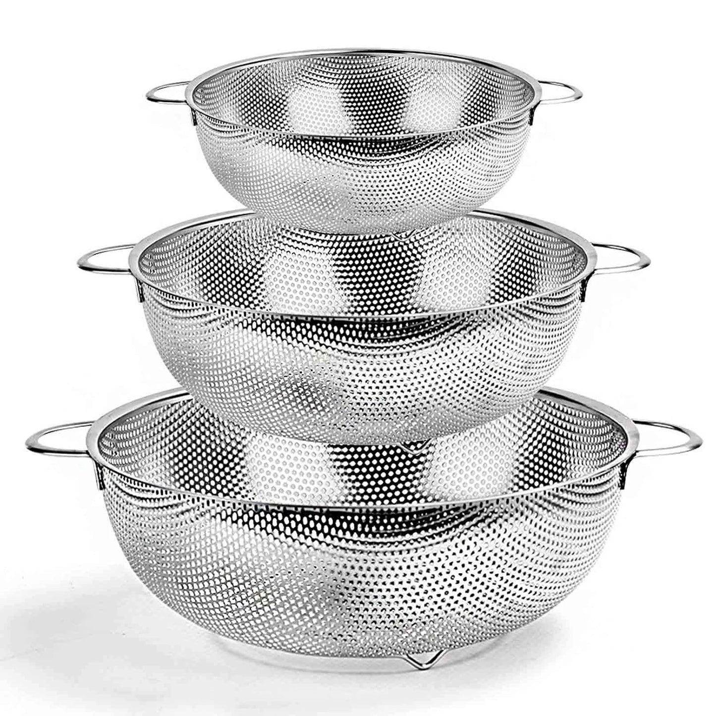 TeamFar Colander Set of 3, Stainless Steel Perforated Colander Strainer | Metal Food Strainer for Draining/Washing/Rinsing Pasta Vegetables Fruits, Healthy, Sturdy & Dishwasher Safe - 1/3/5 Quart