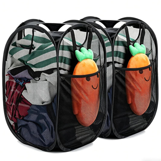 HOUSE AGAIN 2 Pack Strong Mesh Pop Up Laundry Hamper, 70L Collapsible Laundry Basket with Steel Frame, Double‑Stitched Handles & Side Pocket, Foldable Dirty Clothes Hamper for Dorm, Bedroom, Black